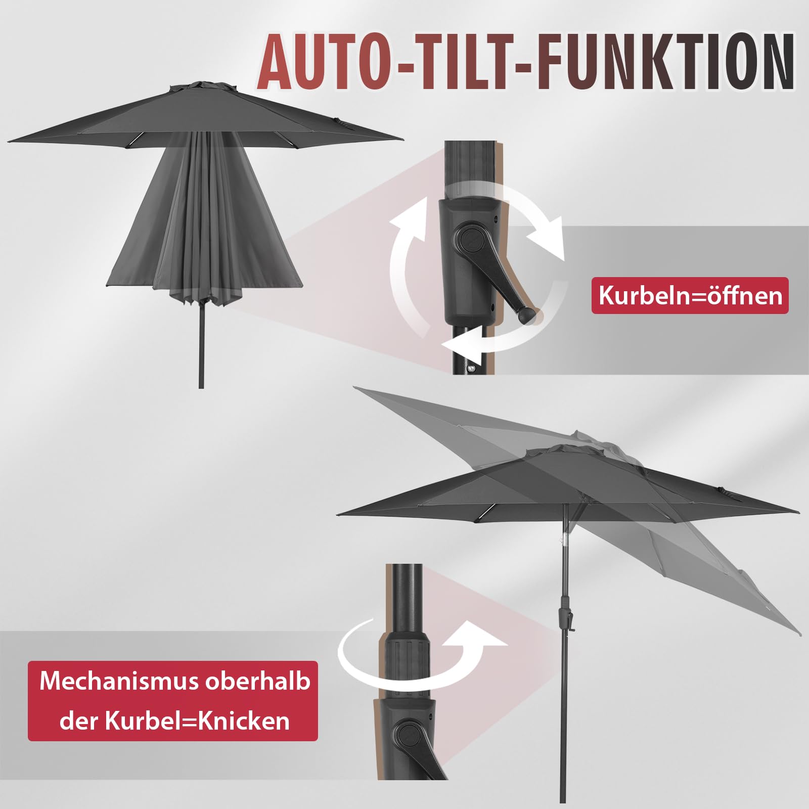 Sekey® Ombrellone da 270 cm, con manovella e ribaltabile per auto, per terrazza, balcone e giardino, resistente al vento, stabile UPF 50+, grigio, rotondo