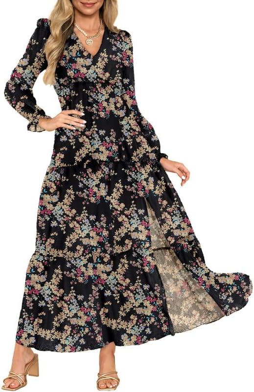 Dokotoo Women’s Boho Maxi Dress Sexy V Neck Puff Long Sleeve Ruffle A-Line Split Swing Chiffon Dresses