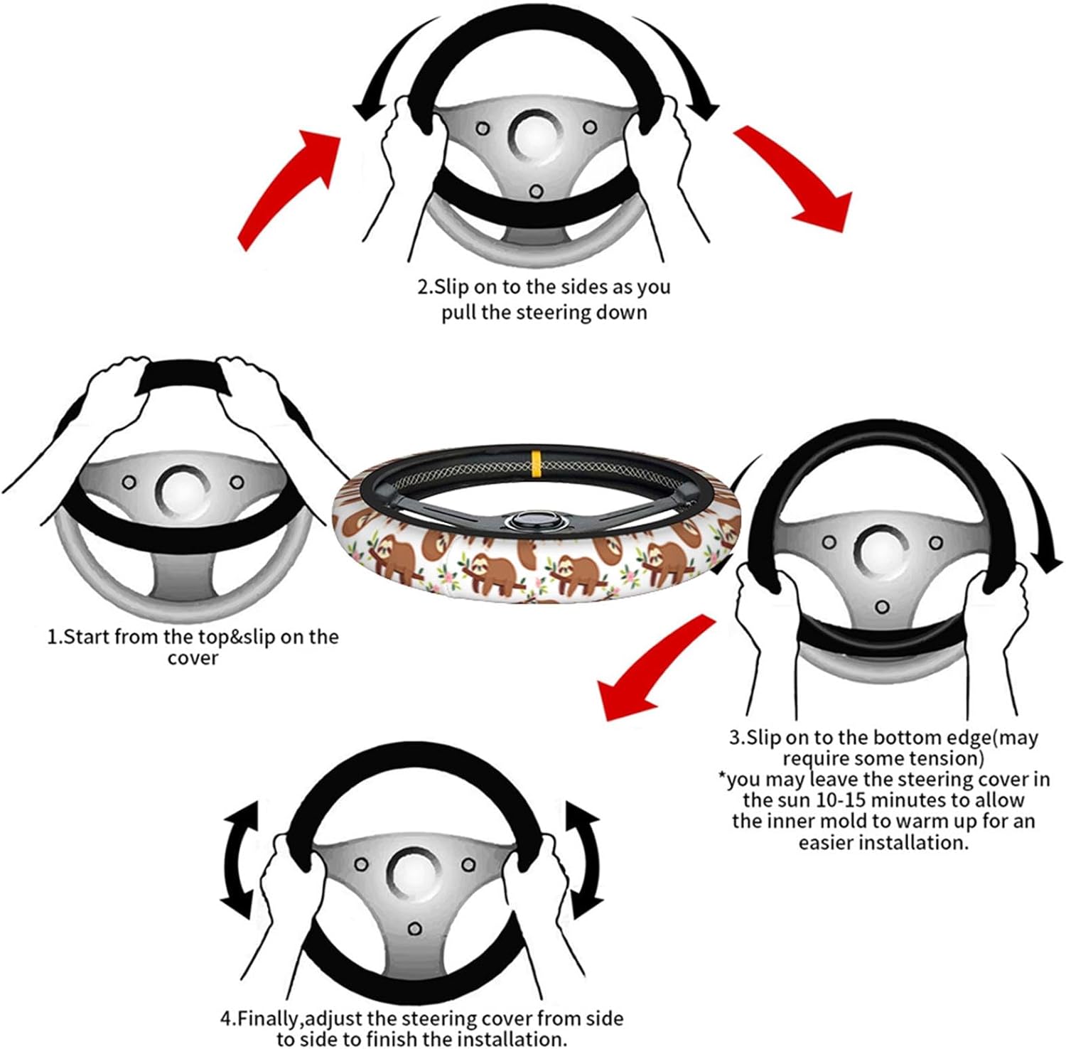 Swono Sloth Steering Wheel Cover,Cute Cartoon Sloth Hanging On The Tree Breathable Auto Car Steering Wheel Cushion Case for Men Universal 15 Inch Steering Wheel Protection image 4