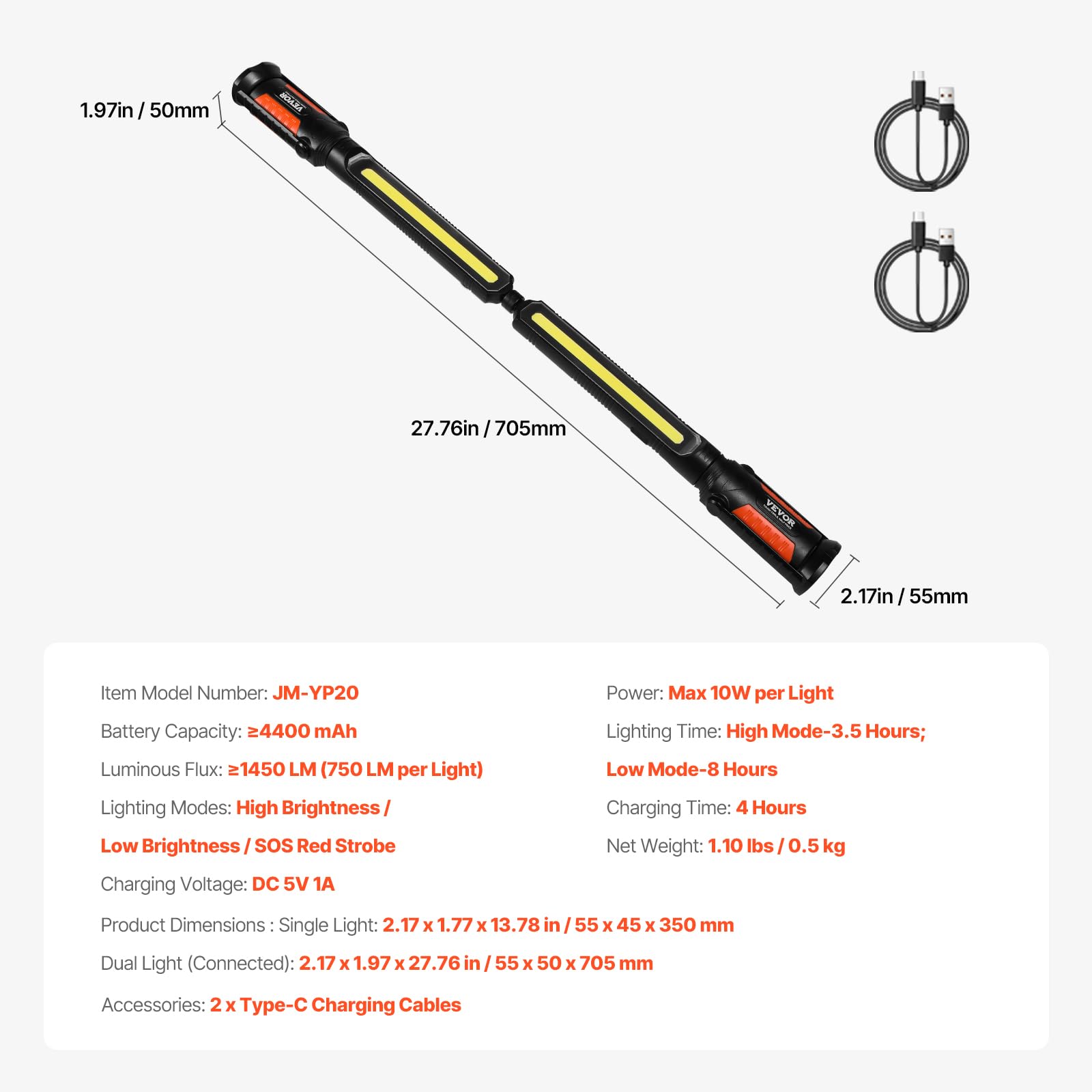 VEVOR Luce da Lavoro Sottocofano 1450 LM Luce LED Magnetica Luminosa Ricaricabile 4400 mAh Barra Luminosa da Lavoro Portatile per Meccanici Senza Fili, Riparazione Auto, Ispezione, Garage, Officina