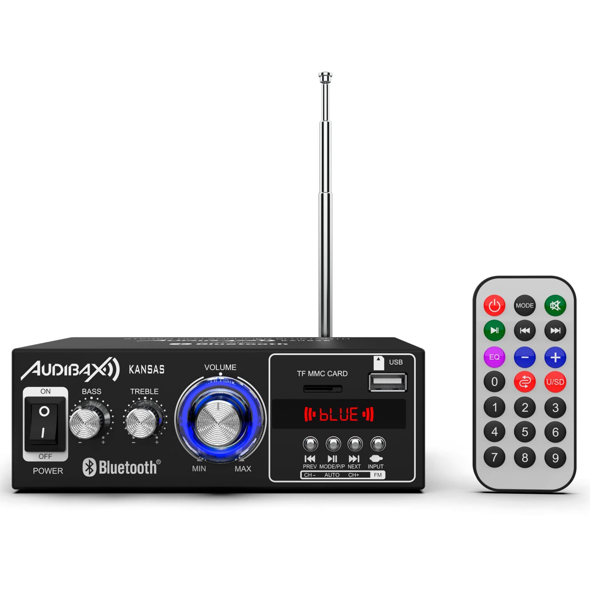 Audibax Kansas - Amplificatore Audio HiFi - Connessione Bluetooth - Potenza 40W + 40W - Ingressi per Microfoni, SD e USB - Amplificatore HiFi Stereo con Lettore MP3 e Radio FM