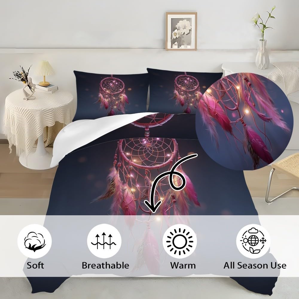 Miękka mikrofibra łapacz snów BohéMien poszwy na kołdry 155 x 200 cm wygodne i oddychające zestawy pościeli 3-częściowy hipoalergiczny różowy poszewka na kołdrę na wszystkie pory roku