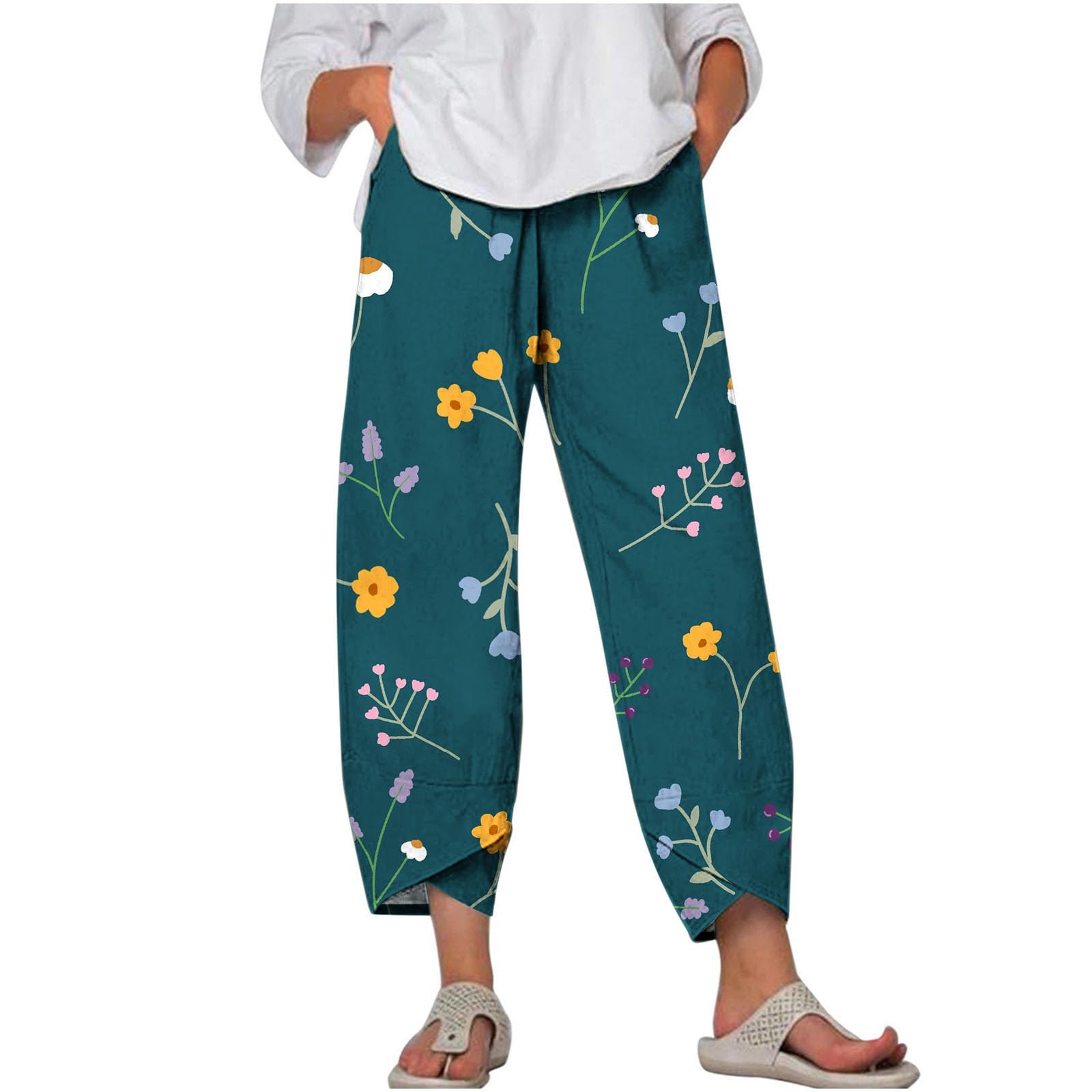 7/8 Hosen Damen Sommer Musselin Leinen Damen Hose Leinen Baumwolle Farbverlaufsdruck Sommerhose Casual Leichte Bequeme Luftige Freizeithose Strandhose Mit Taschen Stretch High Waist mit Kordelzug