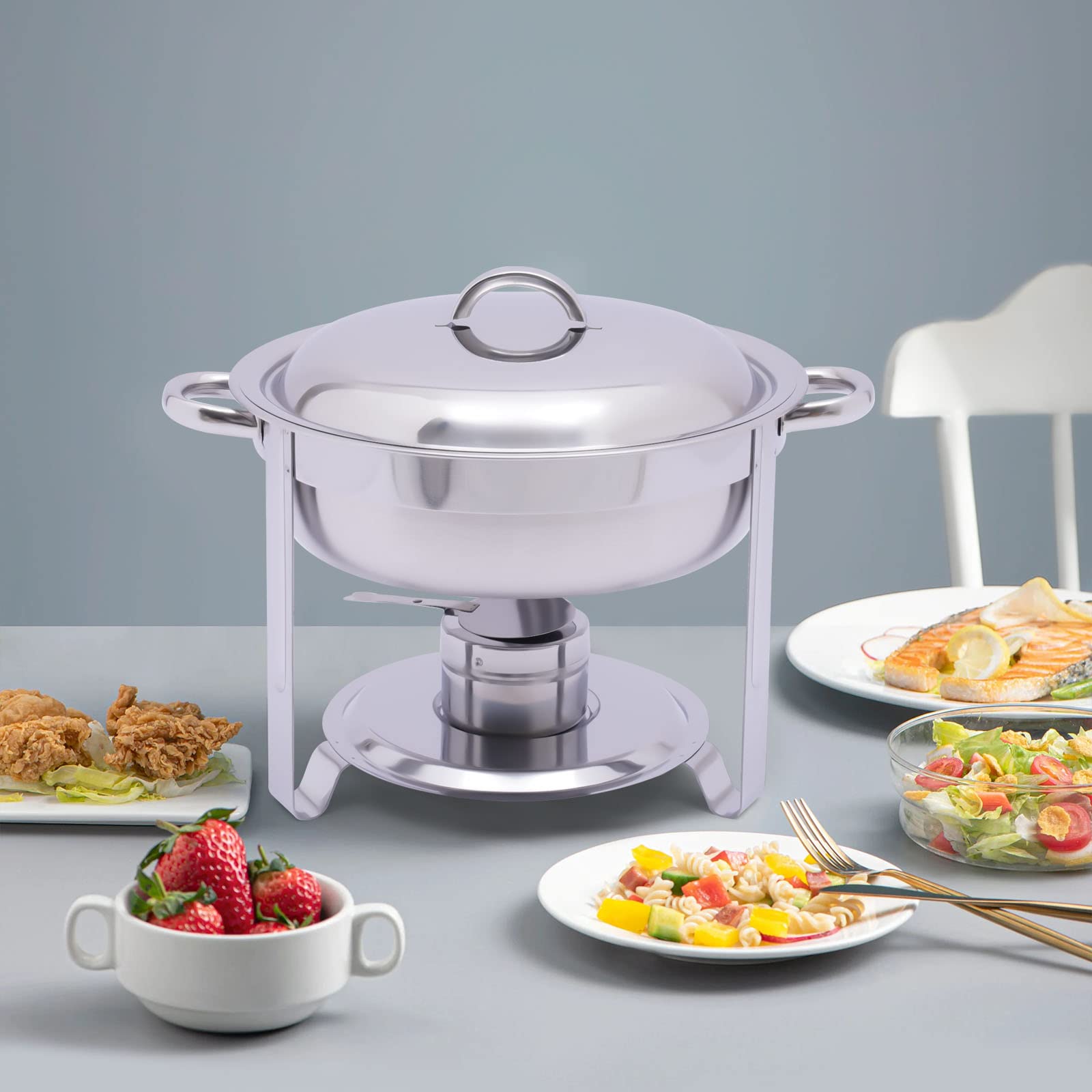 Chafing Dish - Calentador de alimentos (5 L, redondo, 5 L, acero inoxidable, para buffet, catering, gastro y fiesta), color plateado