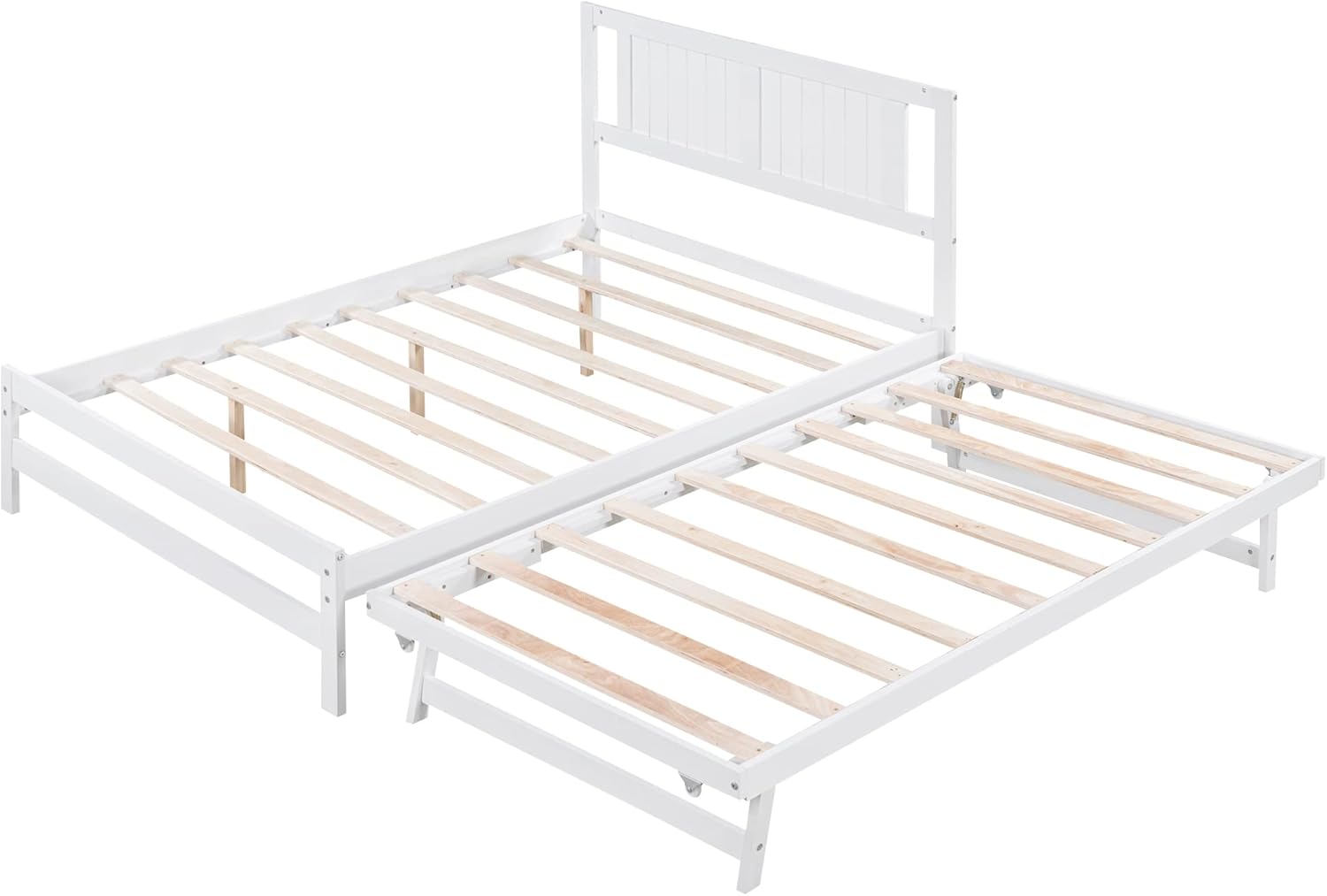 Merax Modern Solid Wood Platform Bed with Adjustable Trundle Bed, Full Size Bed Frame with Headboard, No Box Spring Needed, Space Saving, White