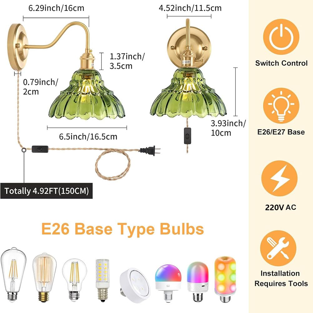 AoLa Vintage kinkiet z włącznikiem i wtyczką, mosiężna lampa ścienna E27 z regulowanym kablem o długości 150cm Zielone kryształowe oświetlenie ścienne Złota lampa dekoracyjna motywem kwiatów,2 Stück