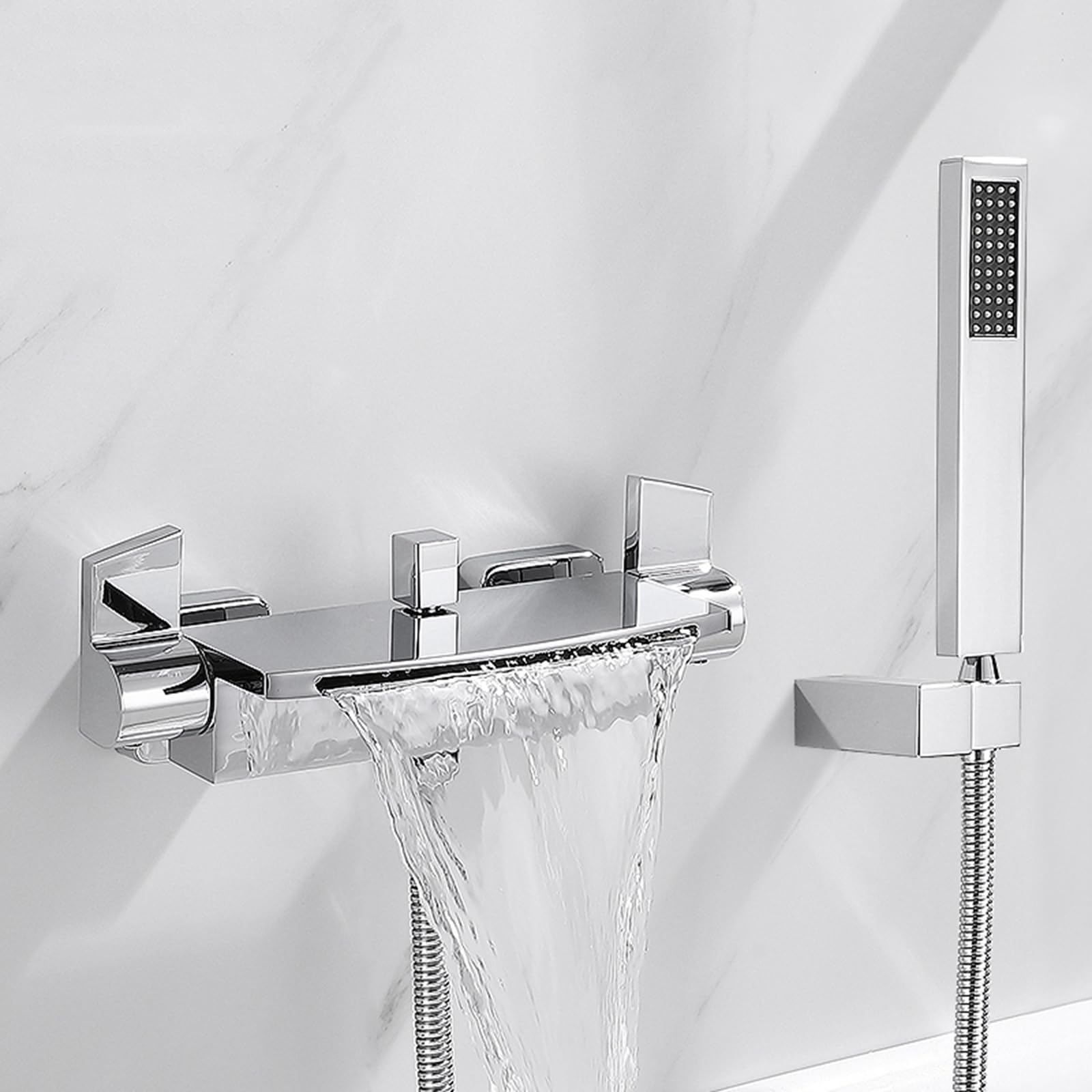 JYBNBBE Wall Mounted Waterfall Bath Taps Hot and Cold Brass with 1.5m Hose Wall Mounted Bathroom Mixer Tap with Shower Gold (Silver A)