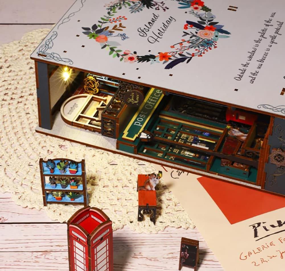 Book Nook Kit fai da te in miniatura, casa delle bambole, kit per adulti e ragazzi, libreria Booknook, modello da costruire con luce LED, regali per familiari e amici (vacanze sull'isola