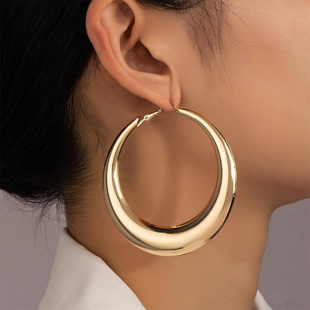 Chunky Gold Large Hoop Earrings for Women, Dainty 14K Gold Big Circle Round Statement Earrings Silver Trendy Thick Hoops Ear Jewelry for Anniversary - Image 3