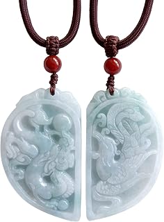 Natural Grade A Jadeite Dragon Phoenix Pair Heart-Shaped Pendant Necklace Lucky Couple Amulet Sweater Chain (Red Beads)