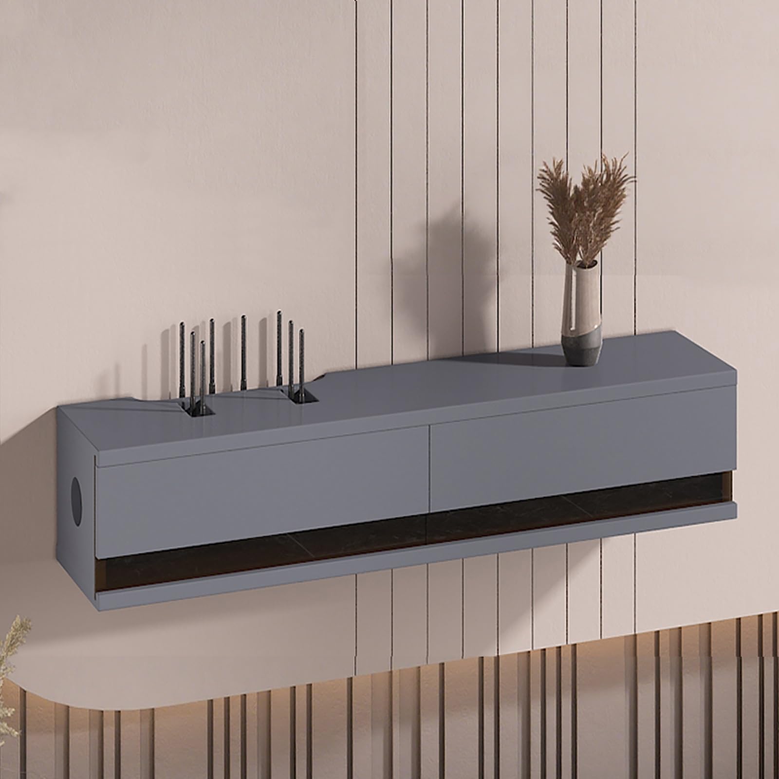 Uchwyt ścienny do routera WiFi, detive Sto Box do konsoli wideo i projektora, kabel nizer z drzwiami, nie wymaga montażu (szary, 80 cm)