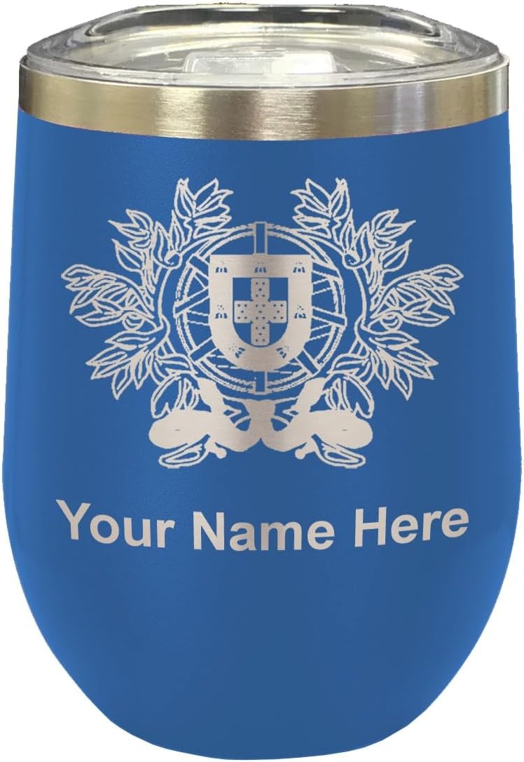LaserGram 16oz Double Wall Stainless Steel Wine Glass Tumbler, Coat of Arms Portugal, Personalized Engraving Included (Black)