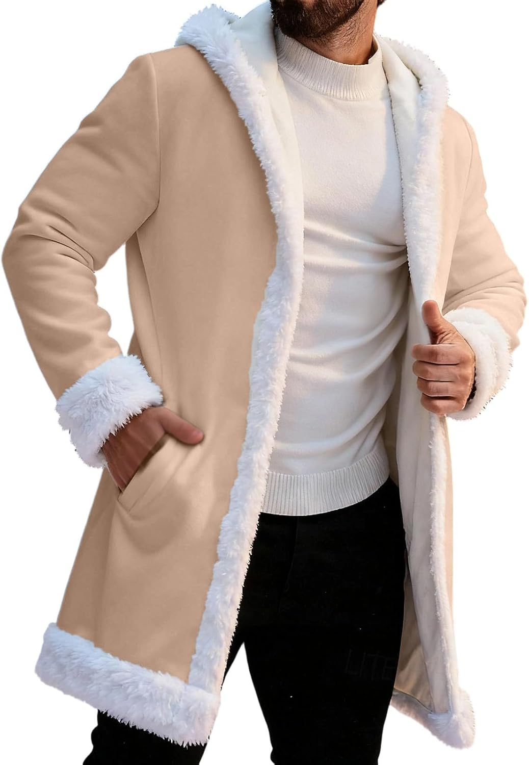 Christmas Costume, Men's Santa Trench Coat Trendy Fur Trim Coats Long Peacoats Xmas Blazer Jacket Overcoat Holiday