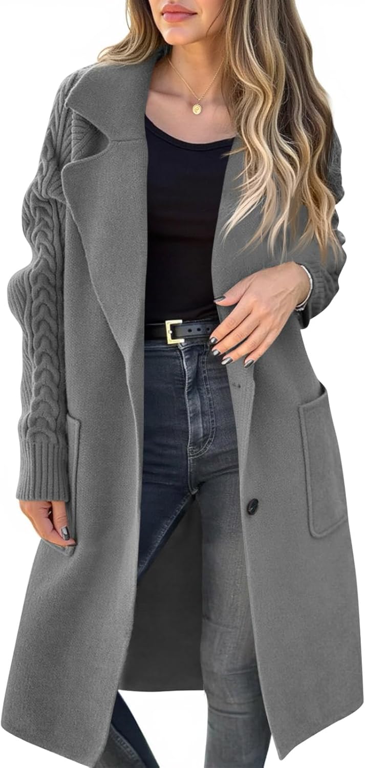 Saodimallsu Womens Long Cardigan Sweaters Chunky Knit Open Front Button Lapel Casual Fall Coatigan Jackets