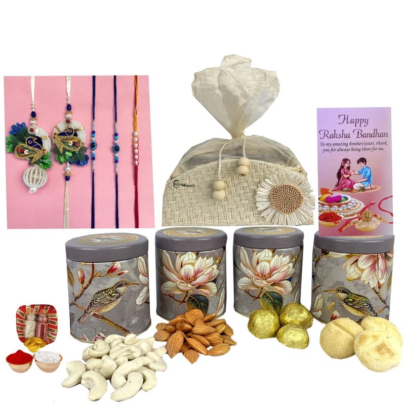 Image of NUTRI MIRACLE Rakhi Hamper with Traditional Rakhi, Tilak Set, Dry Fruits Jar and Chocolates with Greeting Card for Brother