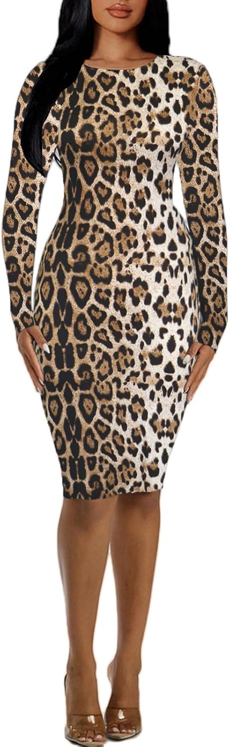 Women's Long Sleeve Bodycon Dress - Knee Length Midi Spring Fall Club Party Fitted Tight Pencil Dresses - Image 2