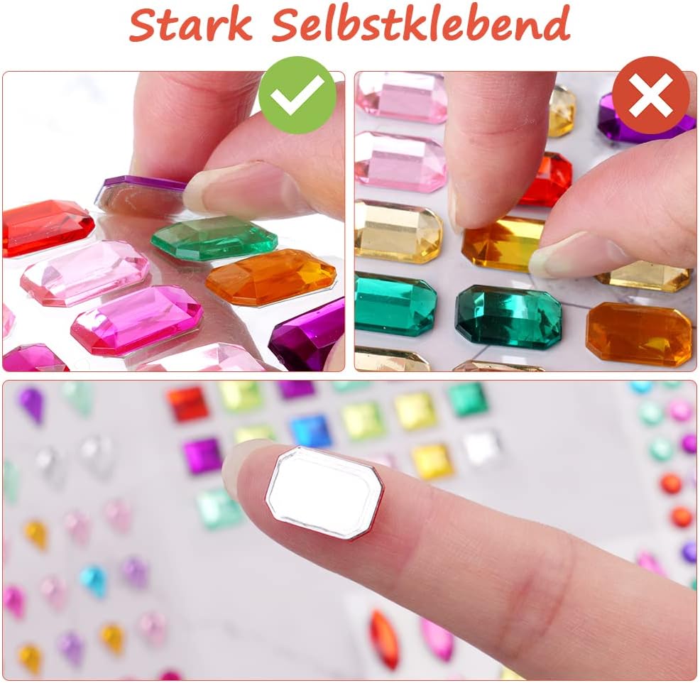 AOMIG Gems Stickers for Kids Crafts, 1908+ PCS Self Adhesive Small Jewel Rhinestone Stickers, 16 Sheets Multicolored Decorative Diamond Craft Supplies for Kids, Nail, Halloween Makeup, DIY