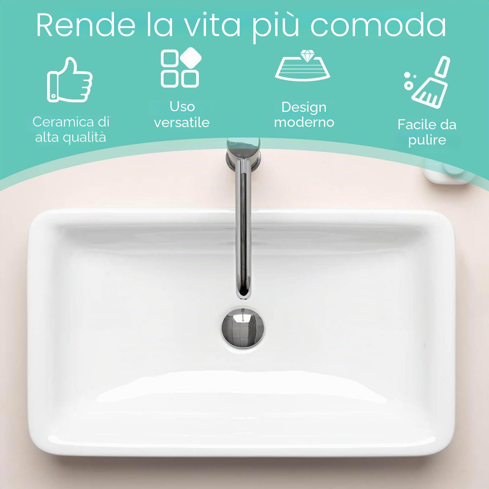 LIFEZEAL Lavandino Bagno, Lavabo da Appoggio, 60 x 35 x 11 cm, Lavabo Bagno, Glassa in Porcellana, Rettangolare, Scarico Escamotable, Ideale per Casa Ristorante e Hotel, Bianco