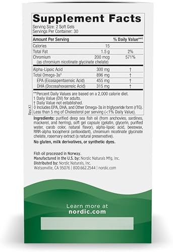 Miniatura 2 de Nordic Naturals Omega azúcar en sangre, limón, 60 geles blandos, 896 mg de omega-3 + ácido alfa lipoico y cromo, metabolismo, sin OMG, 30 porciones