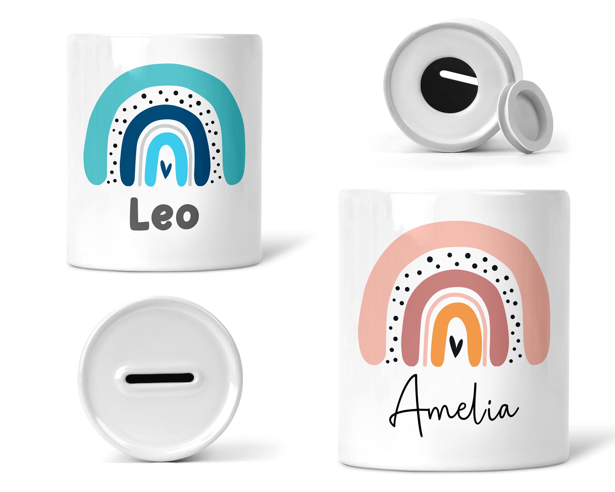 Personalised Rainbow Money Box, Boho or Blue Ceramic Piggy Bank for Kids with Name, Rainbow Bedroom/Nursery Decor, Money Tin, Savings Jar, New Baby Gift