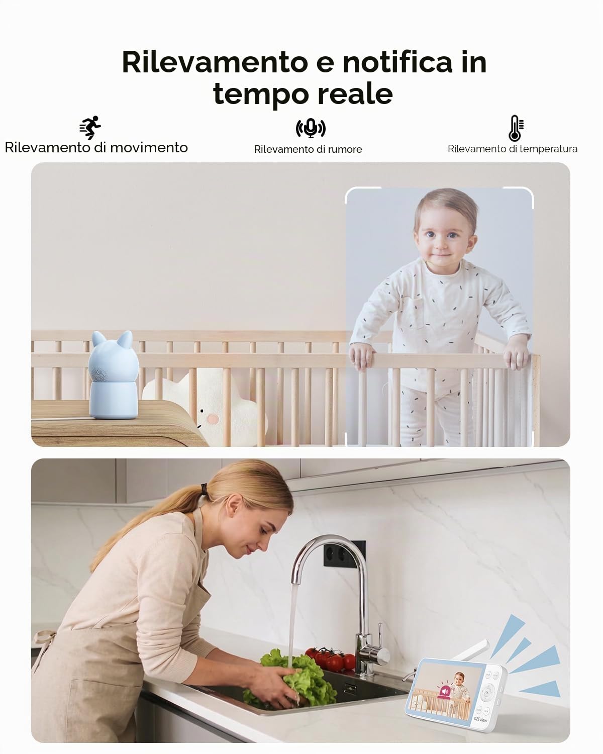 CZEview 5,5" 2.5K Baby Monitor Video e Audio, Luce Notturna & Musica, Telecamera Bambini, Controllo Tramite APP Mobile & Monitor (Blu)