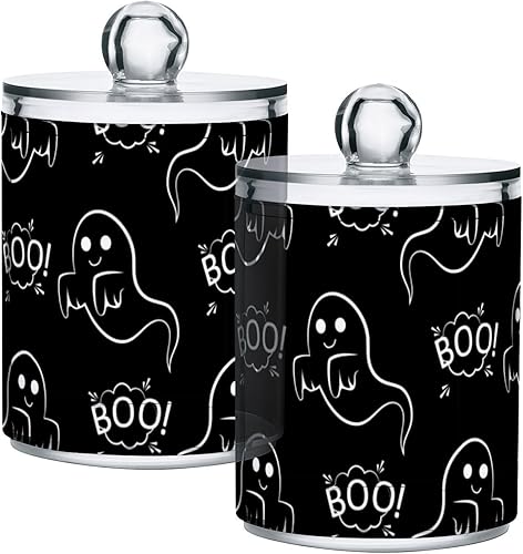 Paquete de 2 dispensadores de soporte de Halloween Ghost Qtip con tapa, juego de tarros de boticario de plástico transparente de 14 onzas para