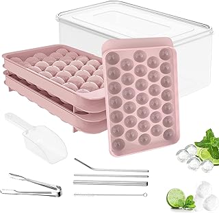 Ice Cube Tray Round Ice Ball Maker, 99 Circle Sphere Ice Balls Food-Grade Silicone Trays for Chilling Drinks, Includes 3 Blue Trays, 3 Steel Straws, 1 Straw Brush, 1 Ice Bucket Scoop & Tong