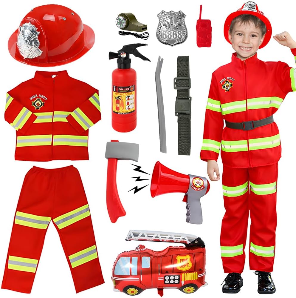 Firefighter Costume for Kids,12pcs Fireman Role Play Dress-Up Set,Halloween Costume Pretend Play,Boys Girls Gift 51.18inch(130cm)