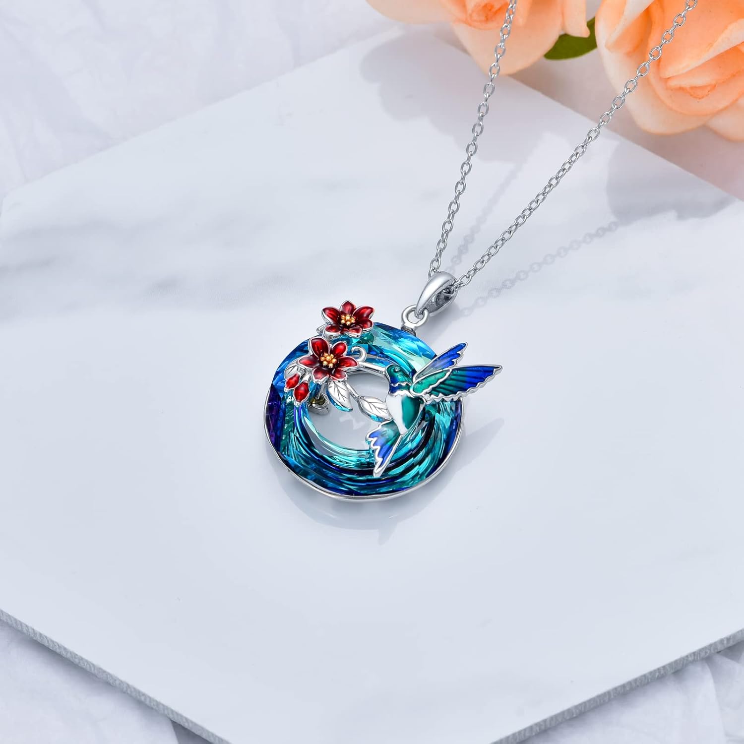 Hummingbird Necklace Blue Crystal Hummingbird Pendant Necklace Gift for Women - Image 3