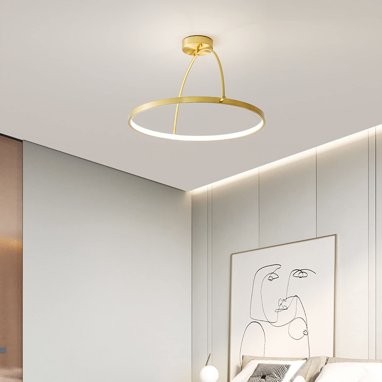 Vendimia Anillo Led Latón Lámpara De Techo Adorno Semi Flush Negro Metal Base Plafon Led Techo Moderno Gel De Sílice Lámpara Colgante para Dormitorio Cocina Pasillo-Cobre 40x25cm(16x10inch)