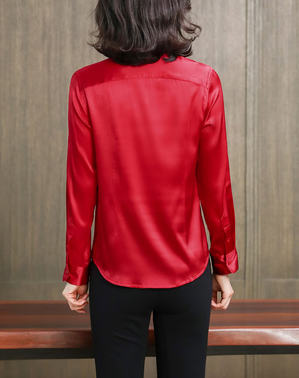 Valin Blusa de seda para mujer, camisa de seda sólida, con botones, blusa de manga larga, solapa de seda, S6630