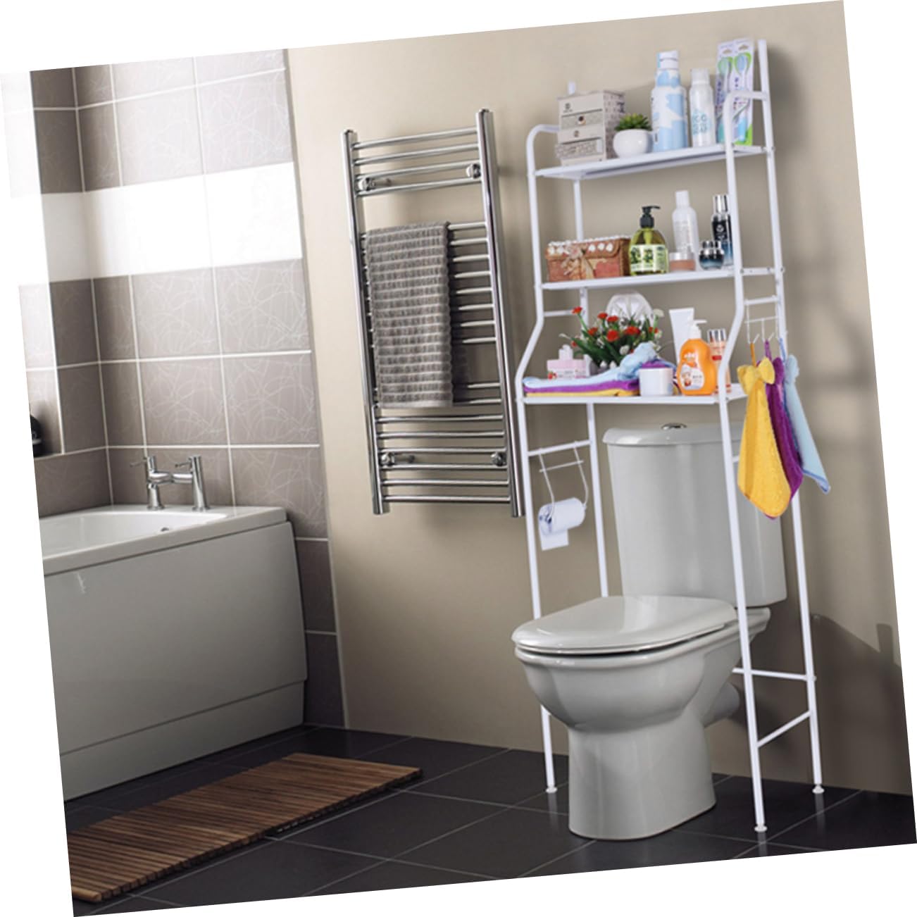 Cabilock Over The Toilet Storage Rack Sturdy Bathroom Organizer with Hooks Space-Saving Design for Toiletries and Kitchen Supplies Easy Assembly White