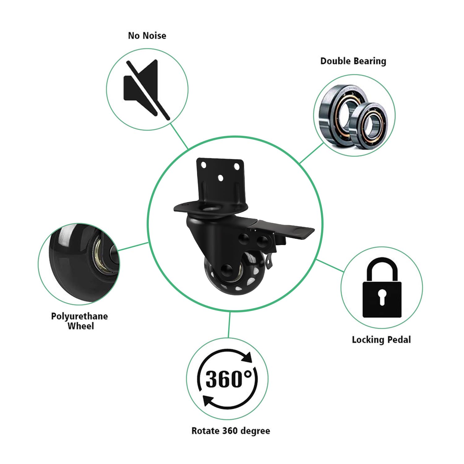 8T8 Side Mount Caster Wheels 2 Inch L Shaped Plate Swivel Casters with Brakes Heavy Duty Set of 4, Silence Rubber Wheels for Furniture, Kitchen Cabinet, Baby Bed, Table, Loading Capacity 400 Lbs