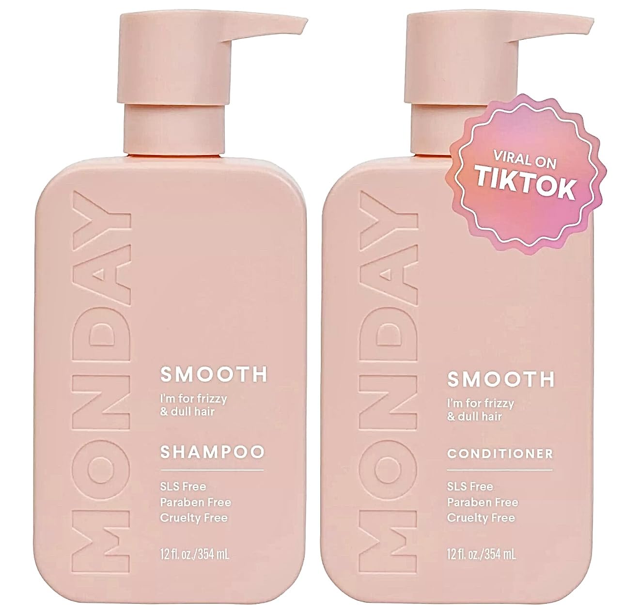 MONDAY HAIRCARE Smooth Shampoo + Conditioner Bathroom Set (2 Count) 12 oz Each For Frizzy, Coarse & Curly Hair Made with Coconut Oil, Shea Butter & Vitamin E 100% Recyclable Bottle Pink MONDAY HAIRCARE Smooth Shampoo + Conditioner Bathroom Set (2 Count) 12 oz Each For Frizzy, Coarse & Curly Hair Made with Coconut Oil, Shea Butter & Vitamin E 100% Recyclable Bottle Pink