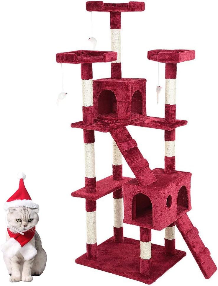 Blackpoolaluk Multi Cat Tree Stable Cat Scratch Posts Function Cat Climbing Tower Toys with Cat Home for Indoor/Outdoor Cats Activity (170 - Red)