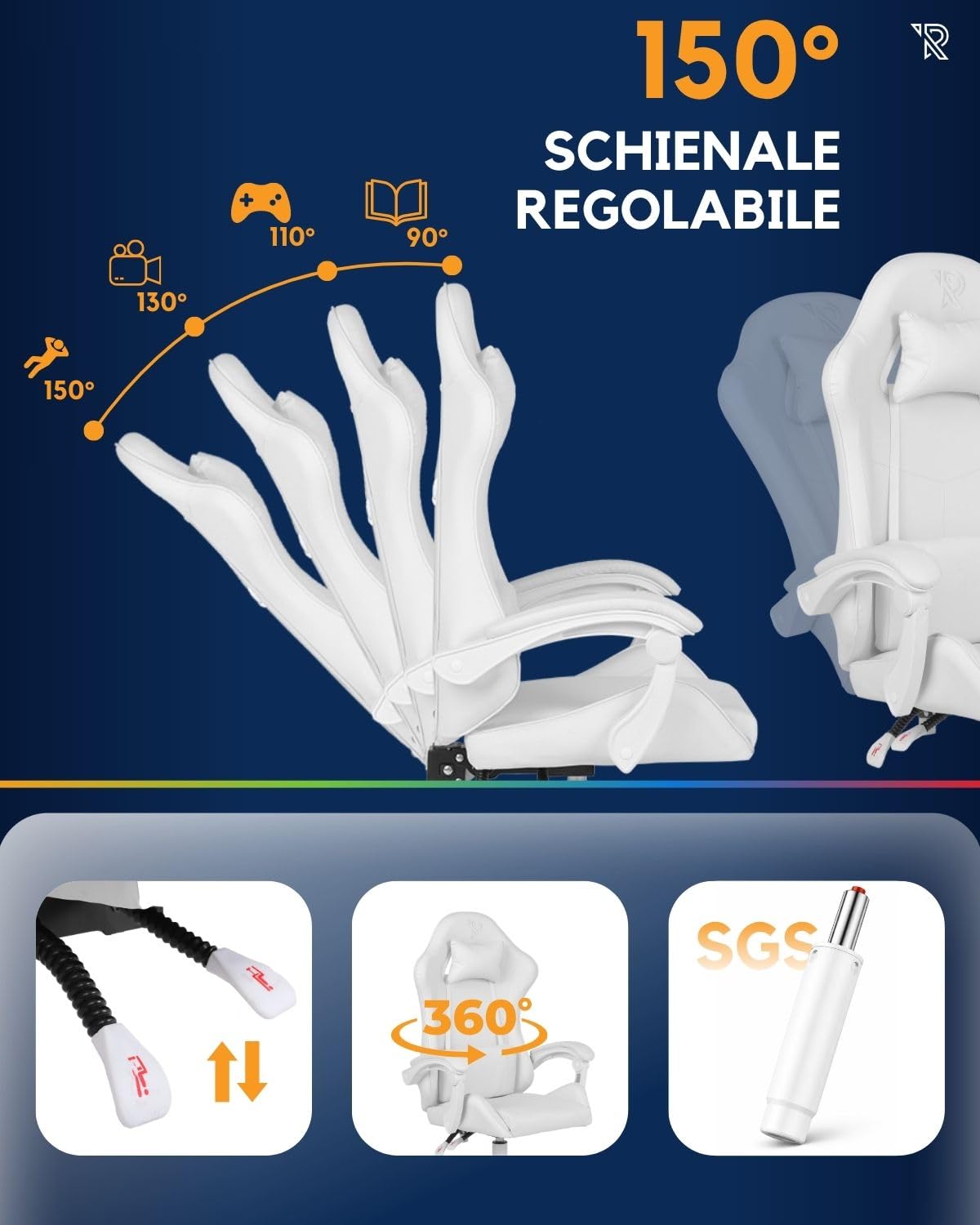 Apollo Silla Gaming Ergonómica con Respaldo Ajustable, Apoyabrazos, Cojines Lumbar y Cervical, Cuero Sintético Negro, Giratoria 360°, Diseño Moderno y Cómodo para Jugadores, Blanco
