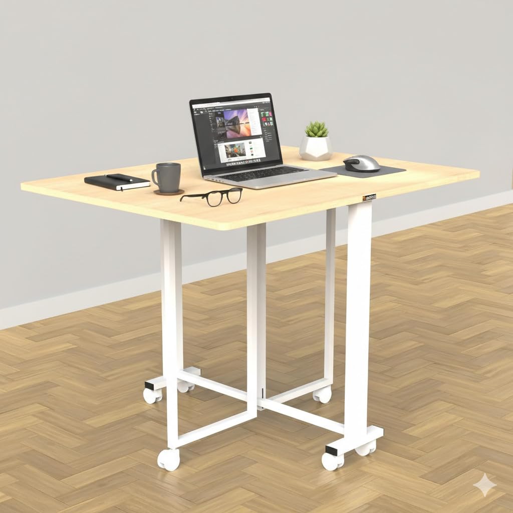 InnoFur Wood Easy Folding Dining Table | Foldable Dinner | Cafe | Breakfast | Four Seater Dinning with Wheels for Home, Hotels, Office (Beige, Size-Regular(110 CM))-image-44