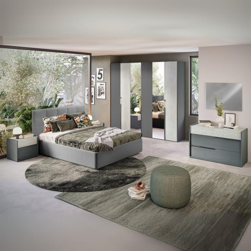  Camera da letto completa letto contenitore armadio con specchi e ante colore grigio e cemento - Faba