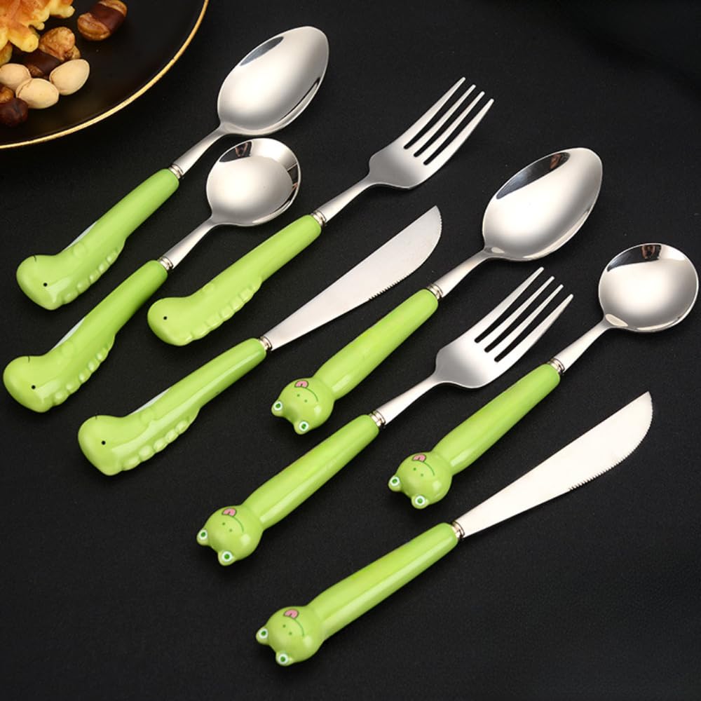 Cartone Animato Animale Ceramica Manico Cucina Acciaio Inox Argenteria Stoviglie Posate Set Bistecca Coltello Forchetta Cucchiaio Cucchiaino (Maiale carino,16 pezzi)