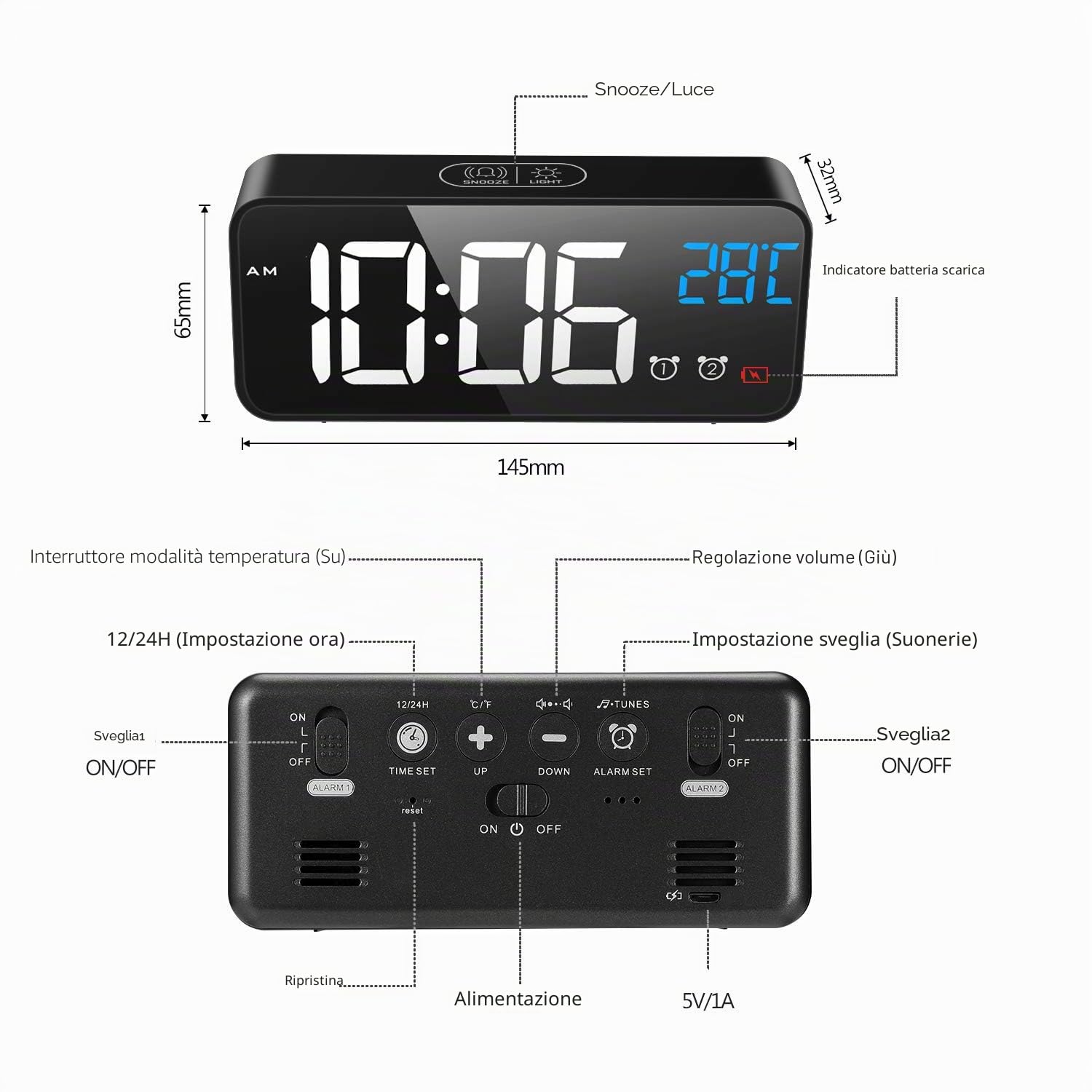 MOSUO Sveglia Digitale, Sveglia da Comodino con Temperatura e LED Grande Schermo, Orologio a Specchio con 2 Allarme, Snooze, Suoni e Luminosità Regolabile, Controllo Vocale, USB Ricaricare, Nero