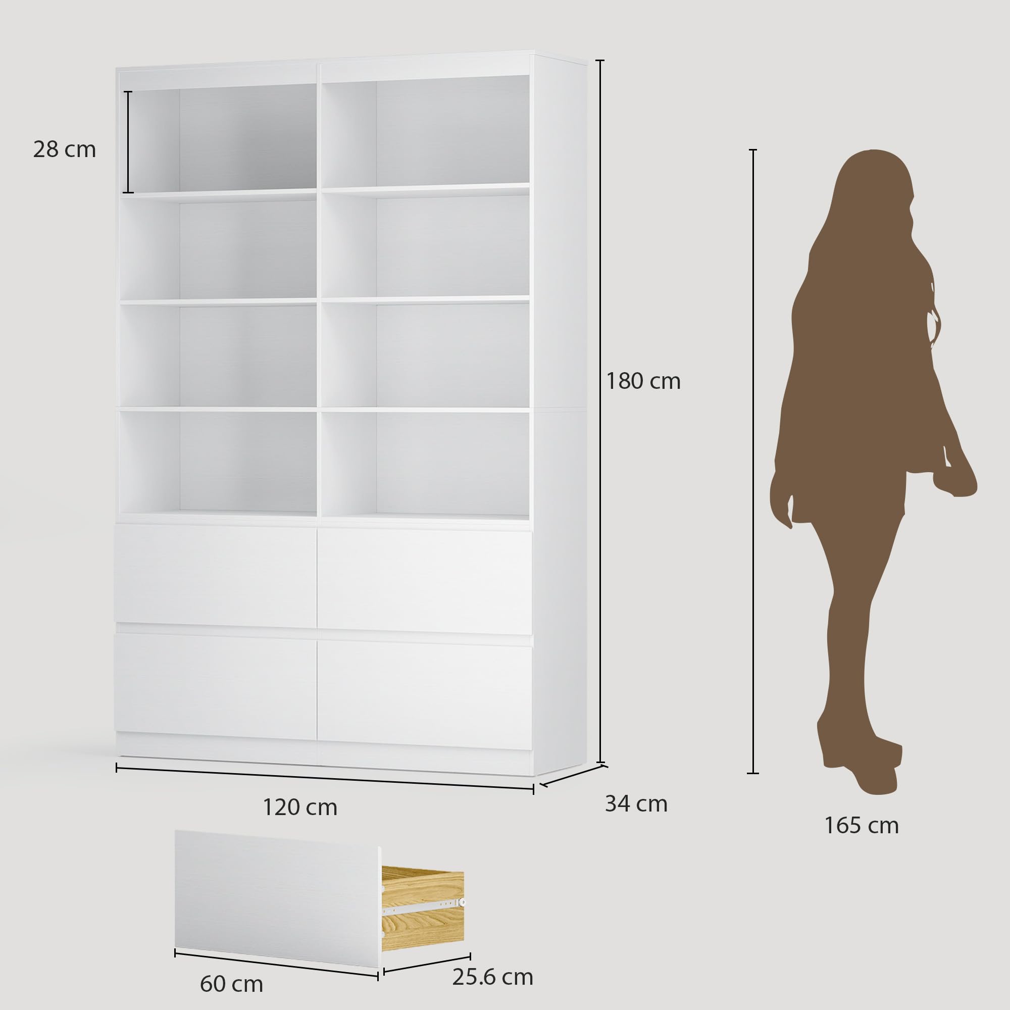 Xbro Libreria Alta con Cassetti 120 x 34 x 180 cm | 8 vani aperti e 4 cassetti senza maniglie con struttura MDF per soggiorno studio e ufficio