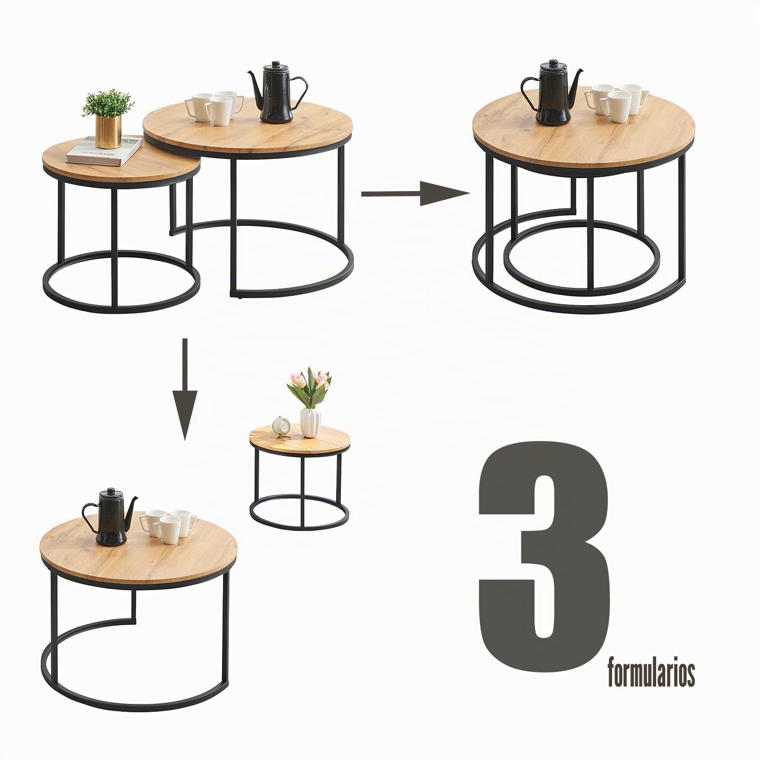 Mesa Auxiliar Sofa con Marco Negro, Juego de 2 Piezas para la Mesa de Centro Redonda, Coffee Table con Efecto de Grano de Madera, Mesa Centro Madera Modernas