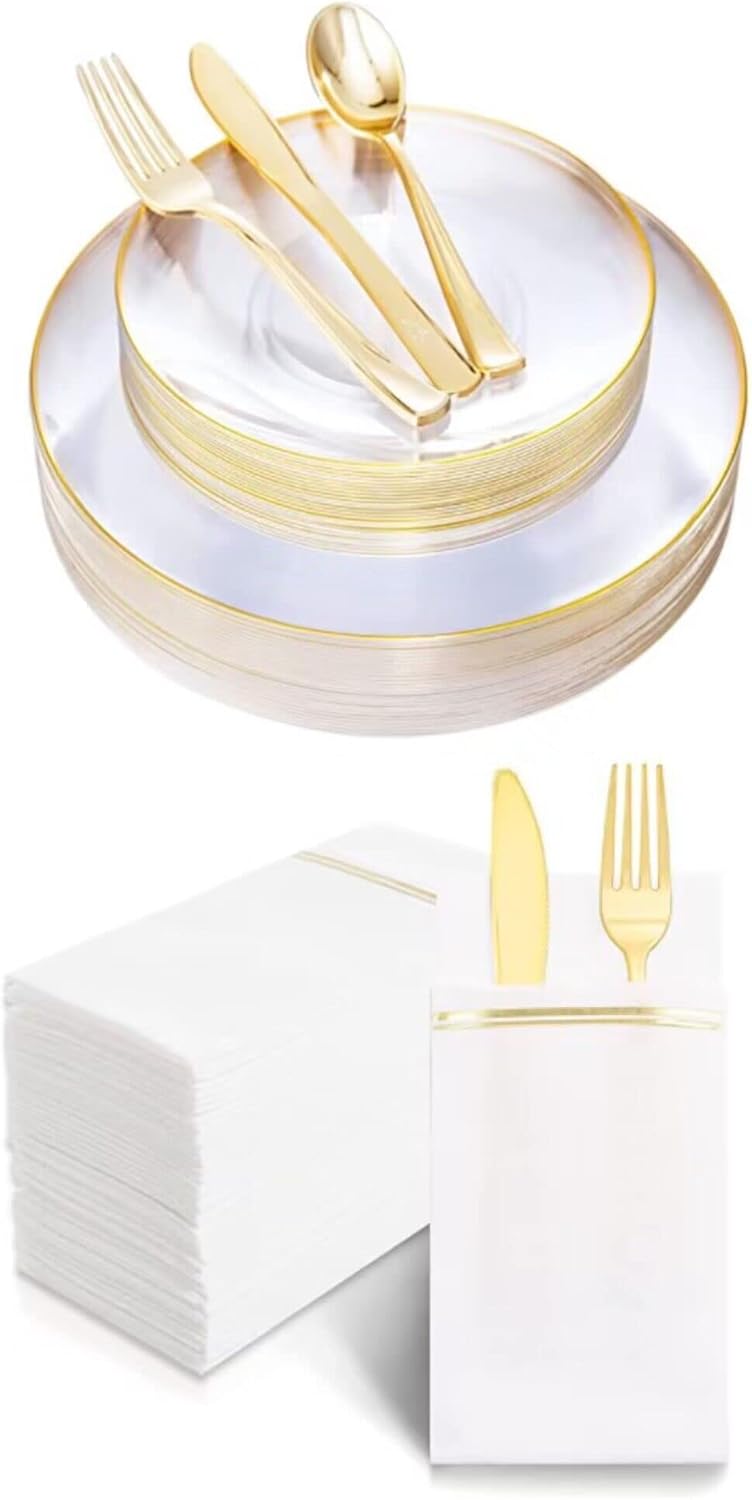 Nervure 125PCS Clear Gold Plastic Plates Clear Plastic Plates with Gold Rim 100PCS White and Gold Paper Napkins Disposable Napkins for Wedding & Parties