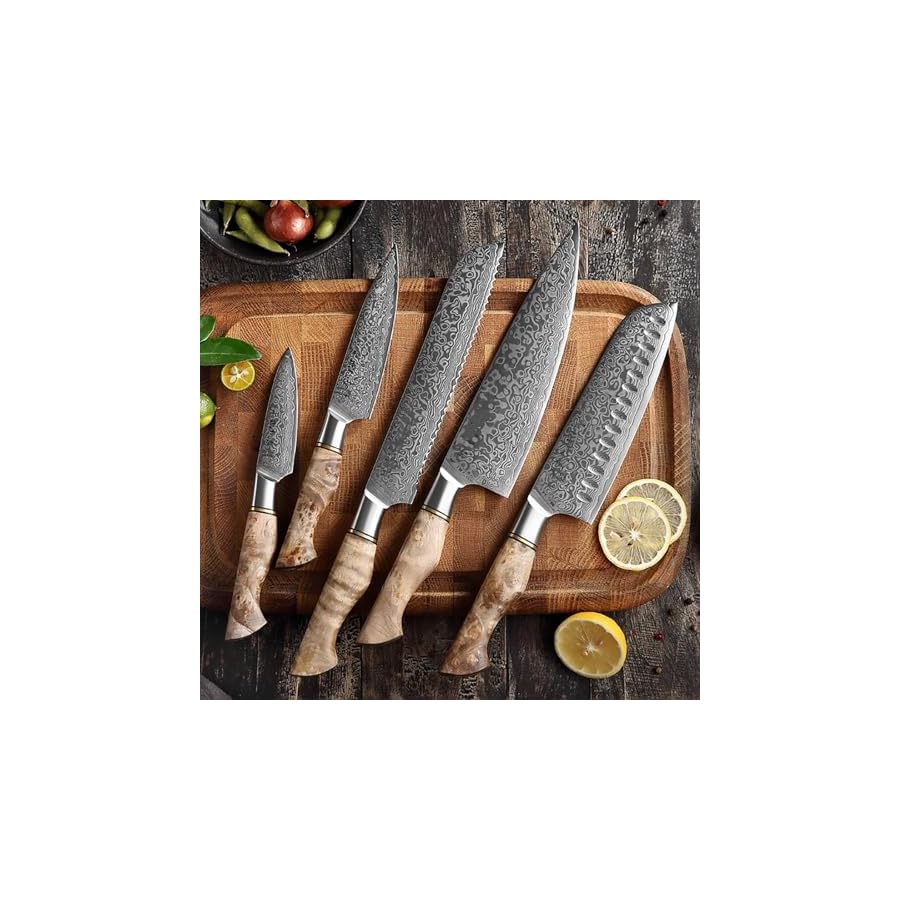 Super Sharp Damascus Kitchen Knife Set,Figured Sycamore Wood handle Knife Set,67-Layer Japanese VG10 Steel for Chef Knife Set,Knives Set for Kitchen,Bread Knife,Paring Knife(5PCS)