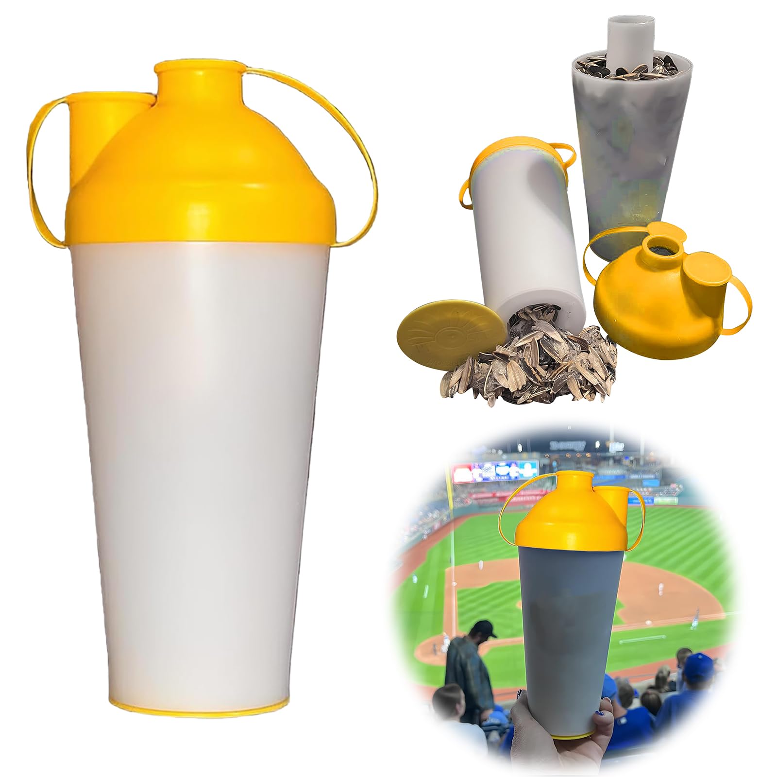 Sunflower Seed Snack Cup – Reusable Seed & Shell Holder, Portable Outdoor Sports Travel Snack Container with Shell Spit Cup Leak-Proof Waste Collector for Pumpkin Seeds Nuts Pistachios-Yellow
