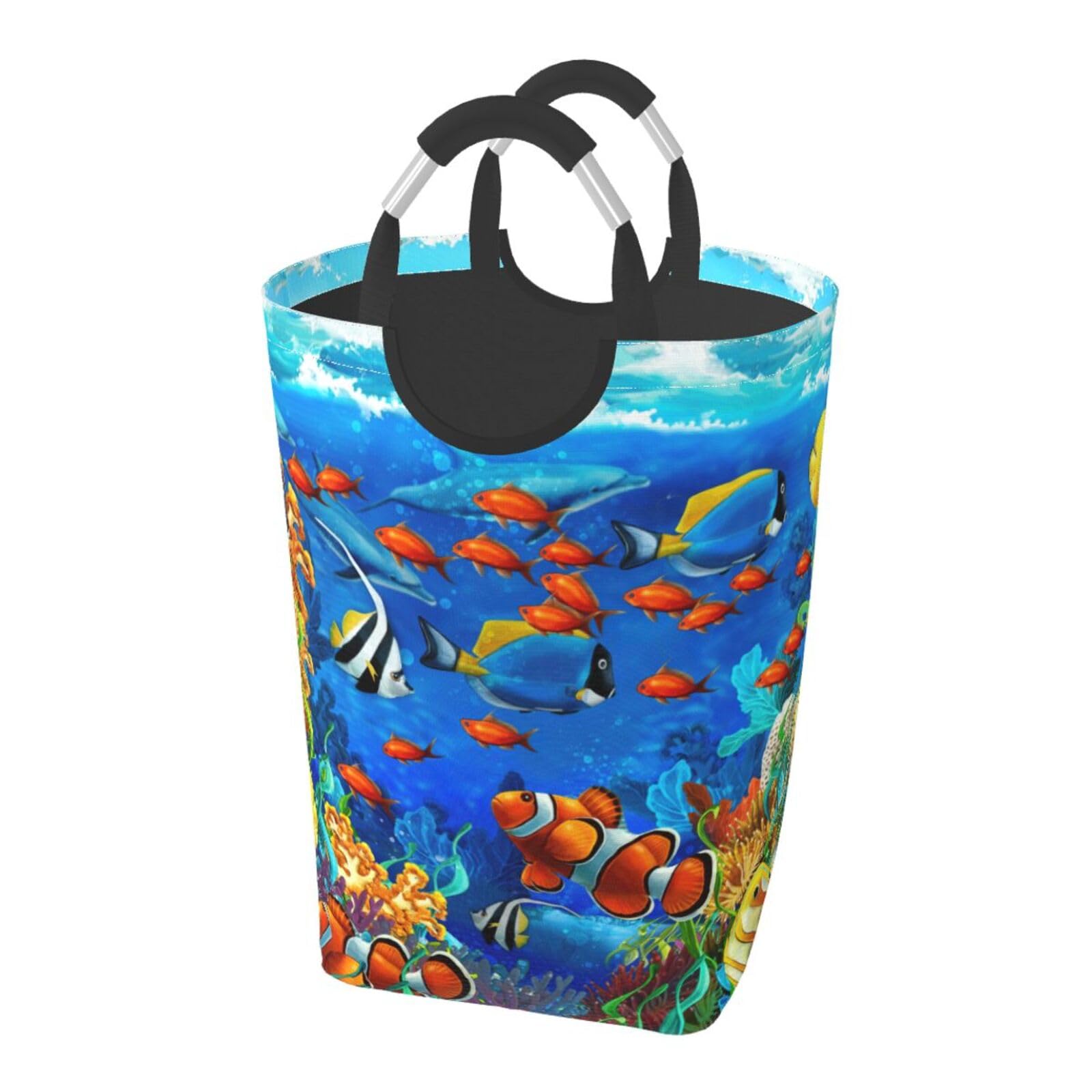 Ocean Tropical Fish Coral Undersea World Print Collapsible Storage Basket Foldable Laundry Bag Travel Camping Bathroom Bedroom