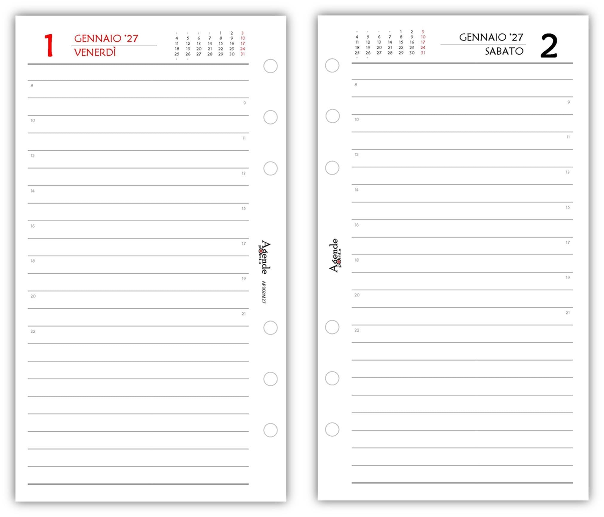 Agenda 2027 Organizer Giornaliera a Righe 9,5x17 cm 6 Fori Carta Bianca 80gr Bianco e Rosso