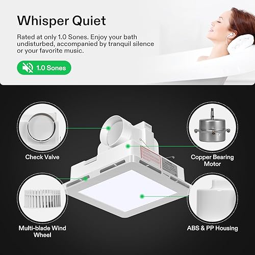 Miniatura 4 de VIVOSUN Ventilador de ventilación y escape de baño con luz LED, ventilador de ventilación de montaje en techo y luz ajustable, 1.0 Sones, 110 CFM,