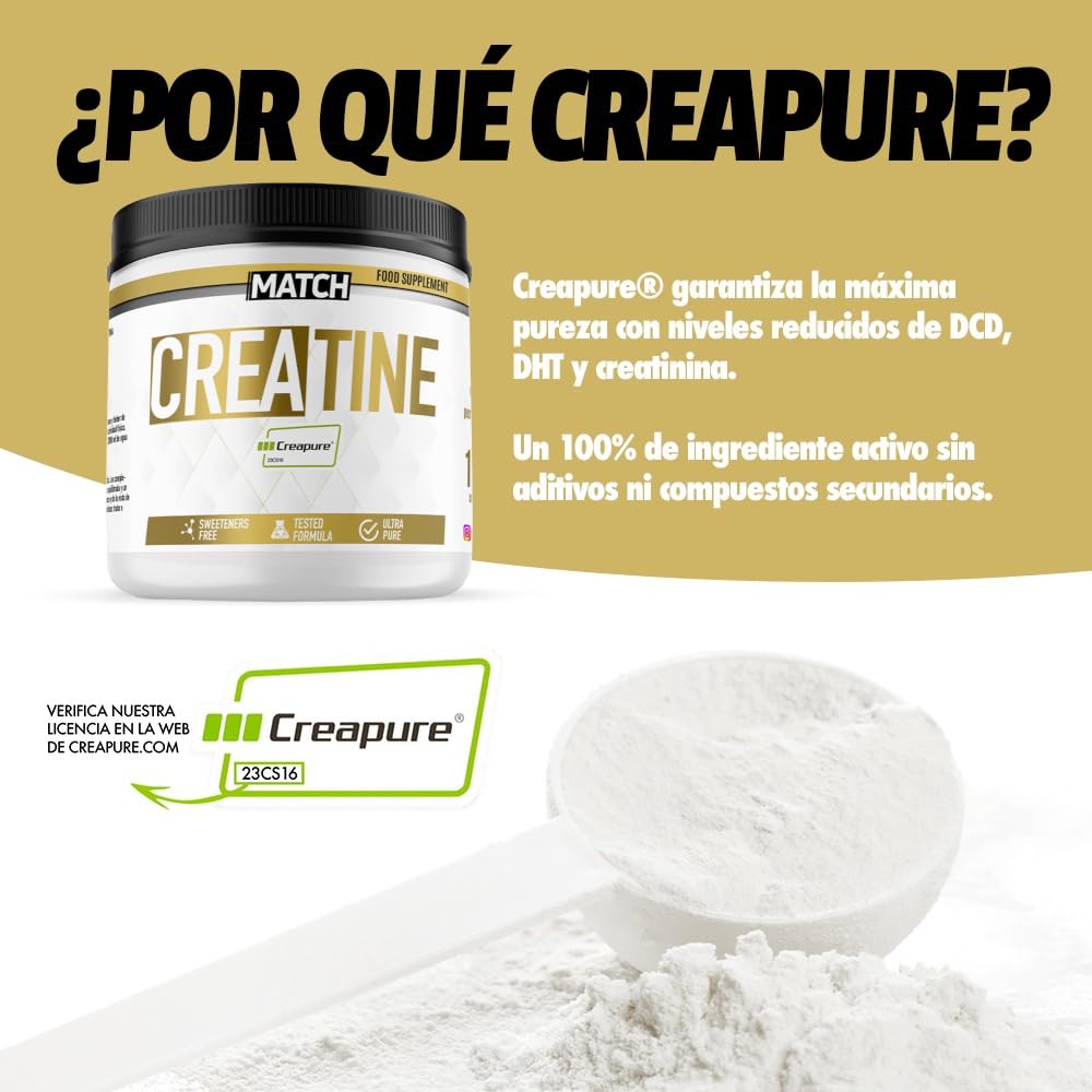 MATCH Creatina Monohidratada CREAPURE® Micronizada 1.2Kg sin sabor (3x400 gramos). 99.9% Pura Creatina Monohidrato CREAPURE® (No-GMO, Vegano, Sin Gluten). Masa Muscular y Rendimiento (1200 gr)