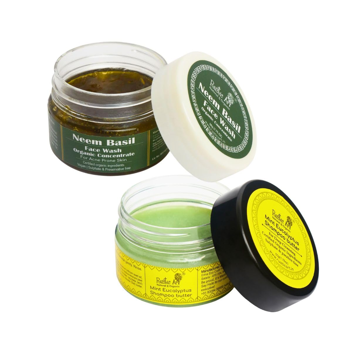 Rustic ArtOrganic Neem Basil Face Wash Concentrate (50g) & Mint Eucalyptus Shampoo Butter (50g) Combo | Travel friendly, Vegan & Cruetly Free
